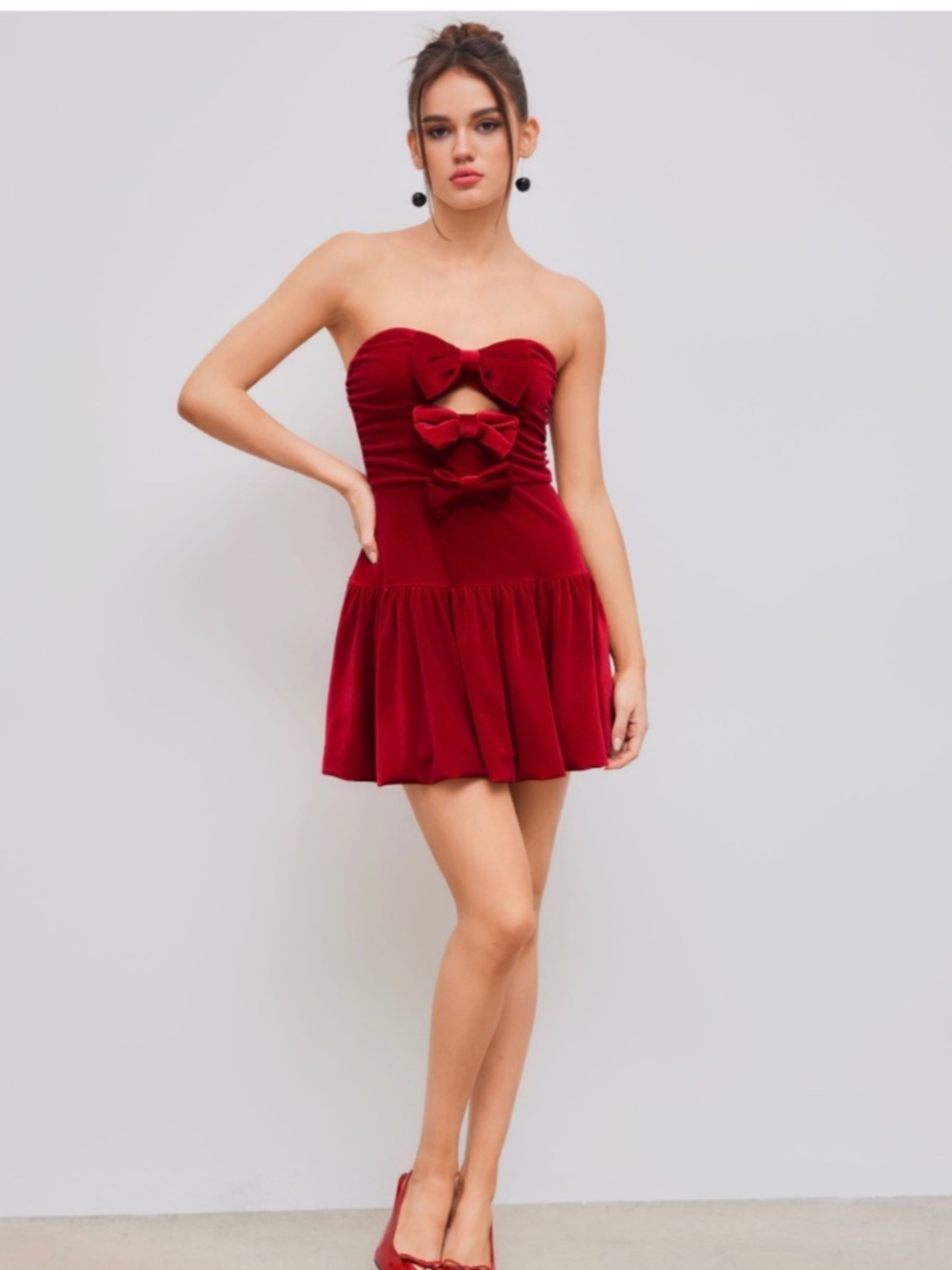 NWT PARTY RED VELVET TUBE SOLID BOWKNOT BUBBLE HEM MINI DRESS XS
